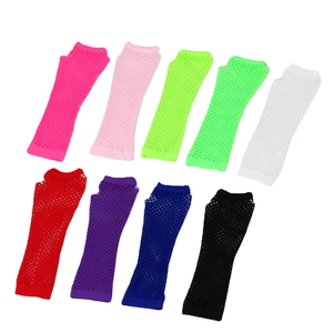 Nine colorful fishnet gloves including neon pink and green shown in a neat flat lay view