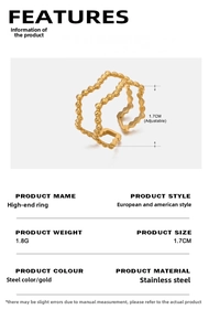 Detail of adjustable 18K gold plated stainless steel wave ring with double beaded layers