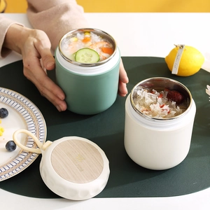 Portable 304 stainless steel food jar with wood grain lid and handle for soup or porridge