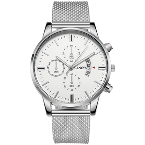 Macro view of the Geneva men's watch silver Milanese mesh band and precision dial details