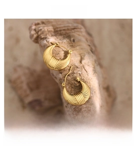 Detailed close-up of gold crescent hoop earrings with vertical stripe texture on a rock