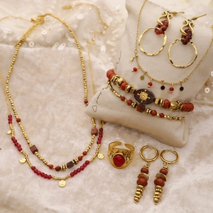 Bijoux Bohèmes Pour Femmes Acier Inoxydable Plaqué Or Perles Rouges Pierre Naturelle Collier Boucles Oreilles Bracelet Bague