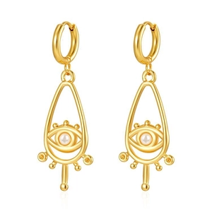 Golden eye-shaped earrings with central pearl and water drop pendant for women