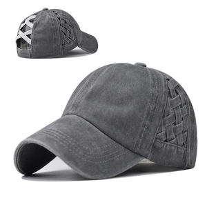 Washed dark gray cotton ponytail baseball cap with criss-cross elastic back design