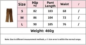 Size chart for velvet flare pants including hip, waist, and length measurements in cm