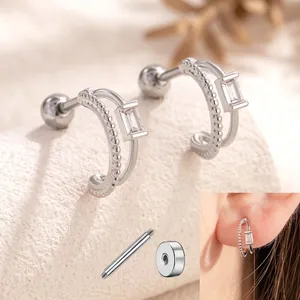 Double Layer Curved Helix Stud Earring Titanium Steel Copper Zirconia Rectangular Crystal Screw Back Beaded C-Shape