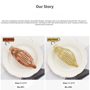 Detailed view of jelly brown and green resin hair claws with hollowed-out claw design