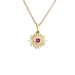 Golden evil eye necklace with pink gemstone and zircon rays on minimalist chain