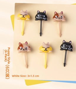 Detail of 6-piece cartoon cat and dog fruit picks set in a 3x1.5cm compact size
