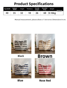 Detailed size chart for striped straw tote bag showing capacity and strap dimensions