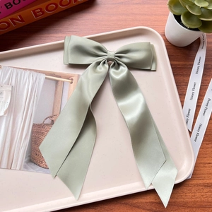Close-up of a light green satin double bow hair clip with ribbons on a decorative tray
