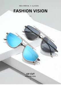 Detail of gunmetal polygon sunglasses with blue mirror and dark grey UV lenses