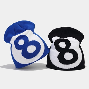 Classic black and navy knit beanies featuring white 8-ball jacquard embroidery design