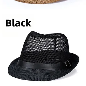 Close-up of black breathable mesh jazz hat showing textured weave and ribbon buckle