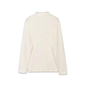 Minimalist white long-sleeved mock neck knit top with elegant pleat detailing