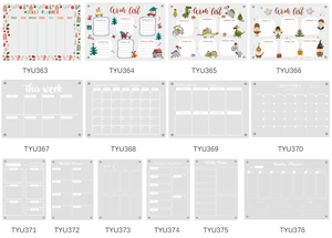 Detailed catalog showing various acrylic weekly and monthly magnetic planner layouts