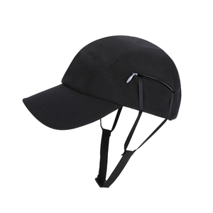 Black outdoor cycling hat with side zipper pocket and adjustable chin strap
