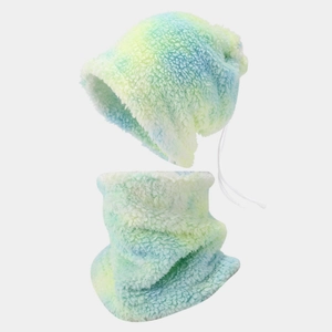 Detailed view of the soft tie-dye fleece texture and drawstring on the winter hat and cowl