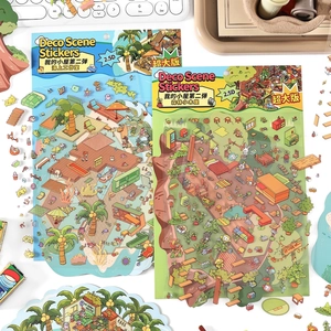 2.5D miniature house landscape stickers with forest and sea studio themes for DIY decor