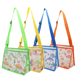 Mesh beach bags with sea animal prints in green, yellow, blue, and orange colors