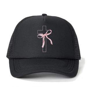 Y2K Trucker Hat Baseball Cap Polyester Mesh Breathable Pink Cross Bow Ribbon Print Adjustable Outdoor Casual Sun Hat