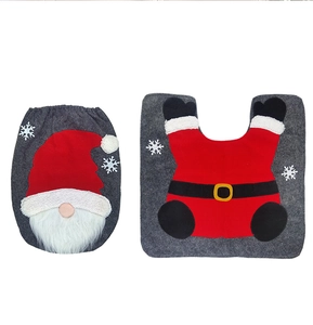 Detailed view of Christmas gnome toilet seat cover and matching floor mat set