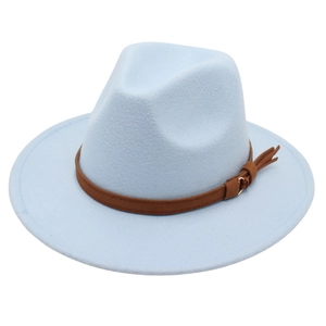 Detail of light blue fedora hat showing fine wool felt texture and brown leather belt buckle