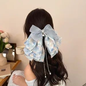 Grande Pince À Cheveux Noeud En Chiffon Fleuri Avec Longues Franges De Künstliche Perles Élégant Ruban Bleu Pour Queue De Cheval