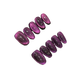 Handmade almond purple cat eye press-on nails with 10pcs glitter gel finish