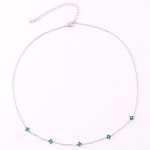 Silver O-chain necklace with five green crystal clover pendants and adjustable clasp