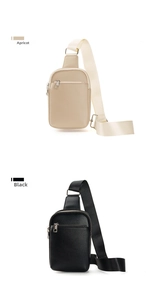 Detail view of stylish men's leather sling bags in apricot and black with metal zippers