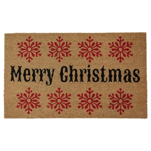 Detail of coconut fiber Christmas doormat with Merry Christmas text and red snowflakes