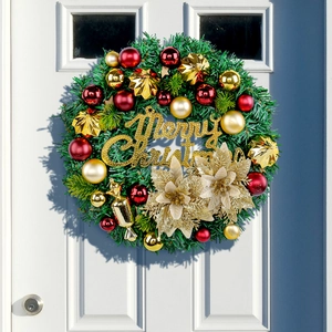 Artificial Christmas Wreath For Door Hanging Decoration With Red Gold Ornaments Poinsettia And Merry Christmas Sign Home Decor
