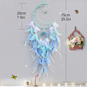 Blue crescent moon dream catcher with tree of life pendant and soft ombre feathers