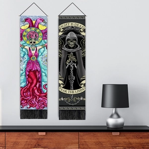 Gothic skull and grim reaper wall tapestry set with black tassels and mystical prints