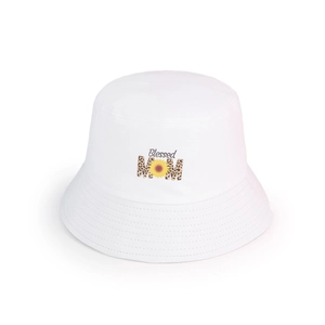 Blessed MOM Leopard Sunflower Print White Cotton Canvas Bucket Hat Summer Outdoor Sun Protection Casual Fashion Women