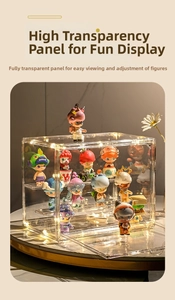 Macro shot of tiered acrylic display case with warm LED lights for action figures