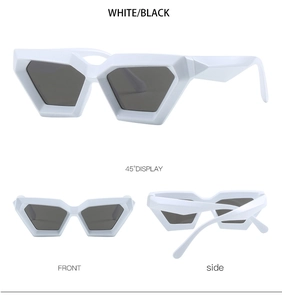 Multiple views of chunky white geometric sunglasses with dark grey lenses and street style