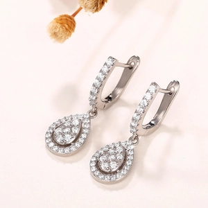 Elegant silver teardrop zircon earrings with micro-inlaid stones for formal dinner parties