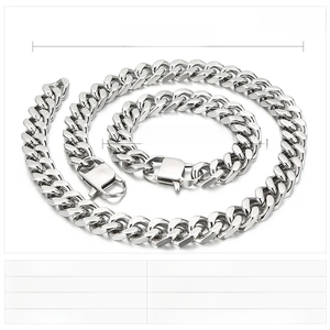 Polished 14mm stainless steel Cuban link necklace and bracelet set with size details