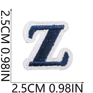 Mini embroidered navy blue letter Z patch with white border measuring 2.5cm by 2.5cm