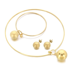 Golden stainless steel jewelry set featuring hollow sphere pendants and matching earrings