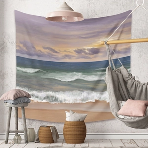 Detail view of sunset beach wall tapestry showing purple dusk colors in home interior