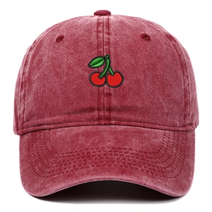 Burgundy washed cotton baseball cap with embroidered cherry design for casual outdoor wear