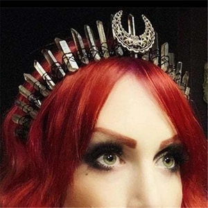 Gothic crown featuring natural crystal points and silver moon charm on a black headband