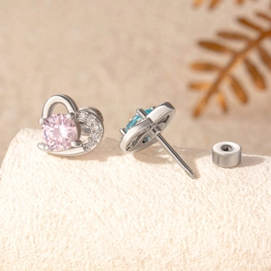 Silver stainless steel heart stud earrings with blue and pink zircon center stones