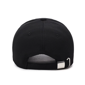 Rear view of black cotton baseball cap with embroidered letter M and adjustable metal buckle