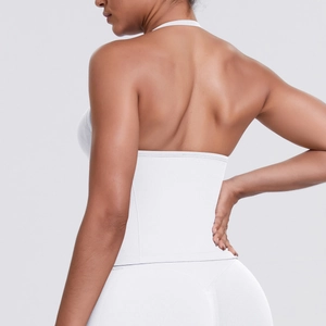 Detailed back view of white seamless knitted sports vest with high-elastic ribbed texture