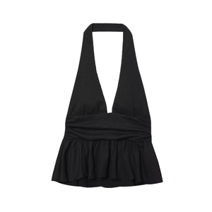 Top a lupetto nero sexy con bordo a balze e vita arricciata per un look alla moda