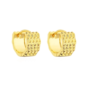 Detailed view of gold plated huggie earrings featuring a geometric diamond pattern
